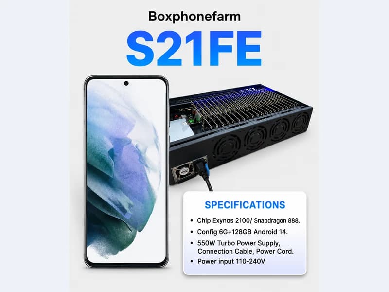 Galaxy S21 FE phone farm box configuration